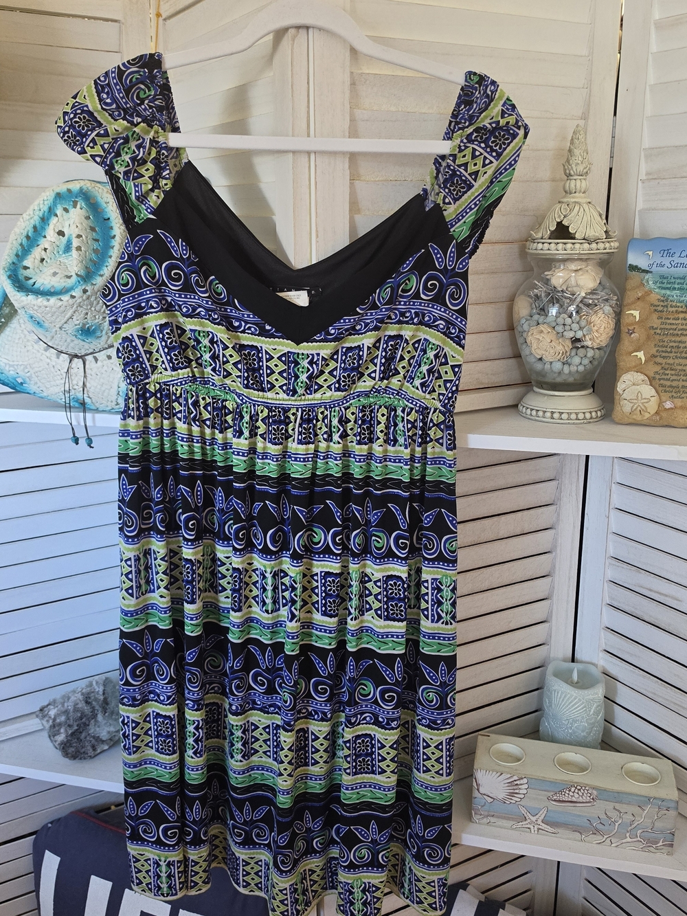 Tiana Women’s Size L Black Blue Green Boho Tribal Print Empire Waist Dress